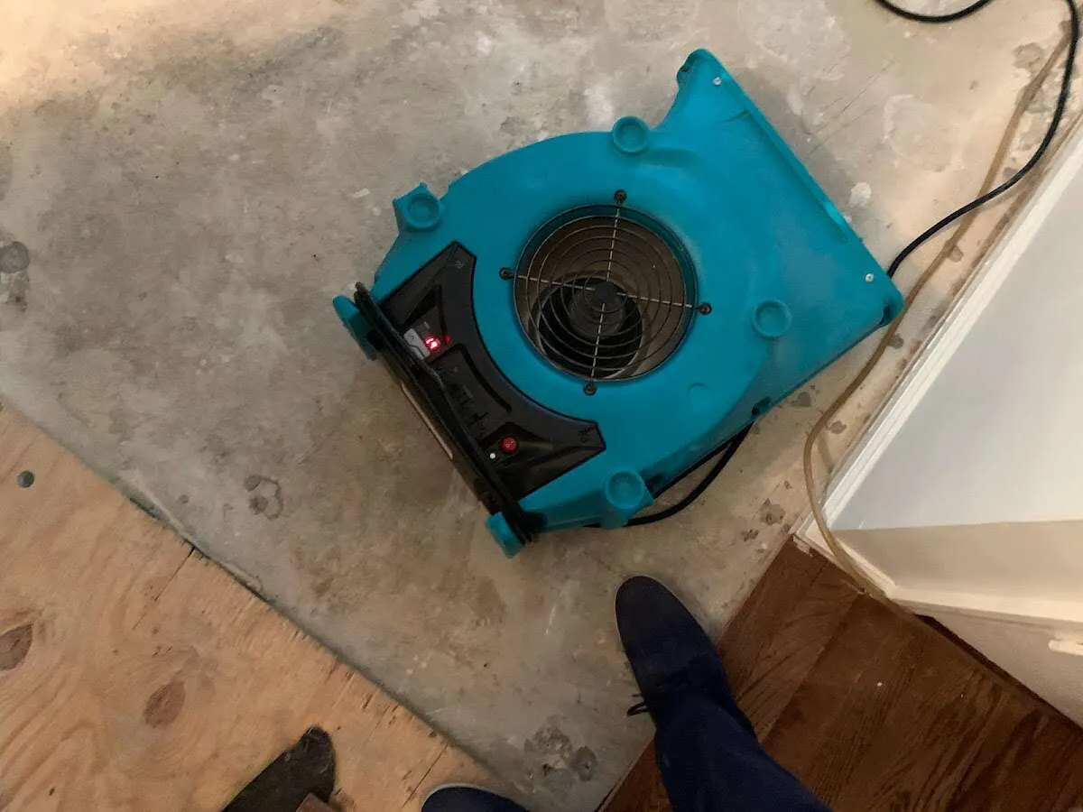 Air mover drying subfloor during Leak Detection & Repair in Shenango